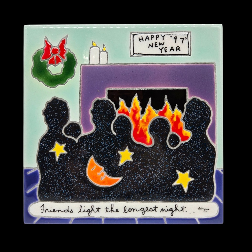 VTG Irene Otis Ceramic Art Tiles Happy New Year "97" Friends Light Handmade 6"